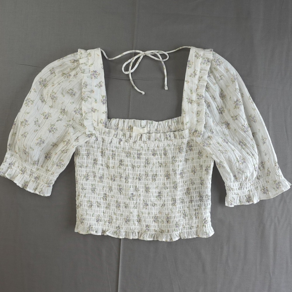 Smocked Floral Milkmaid Top Womens XS White Cropped Puff Sleeve Peasant Coquette
